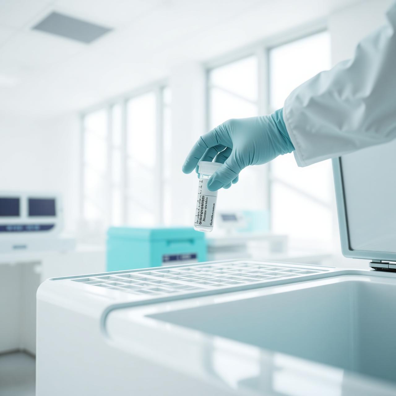 Gloved technician handing off sealed biohazard specimen bag
